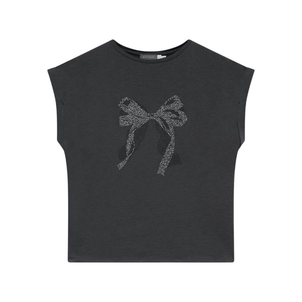 Mint Velvet Black Cotton Bow Graphic T-Shirt